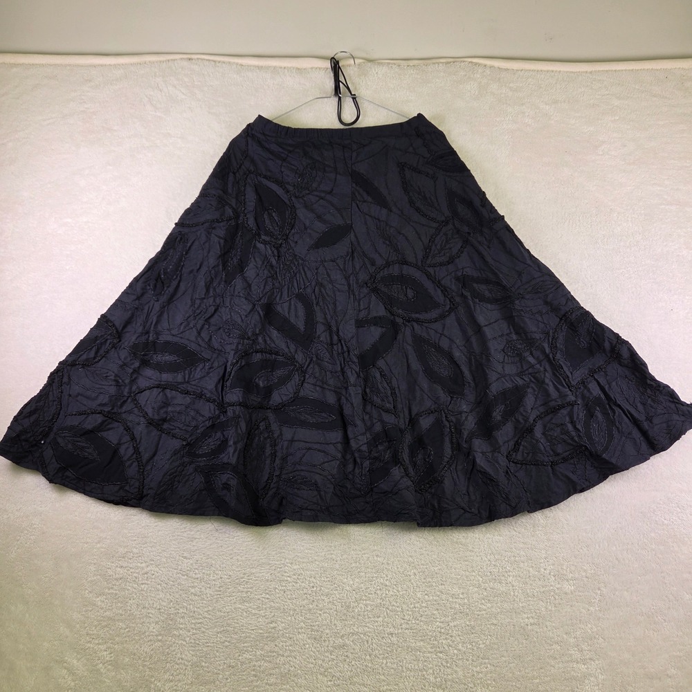 Black Textured Leaf Embroidered Midi A-Line Skirt Whimsigoth Boho 4395